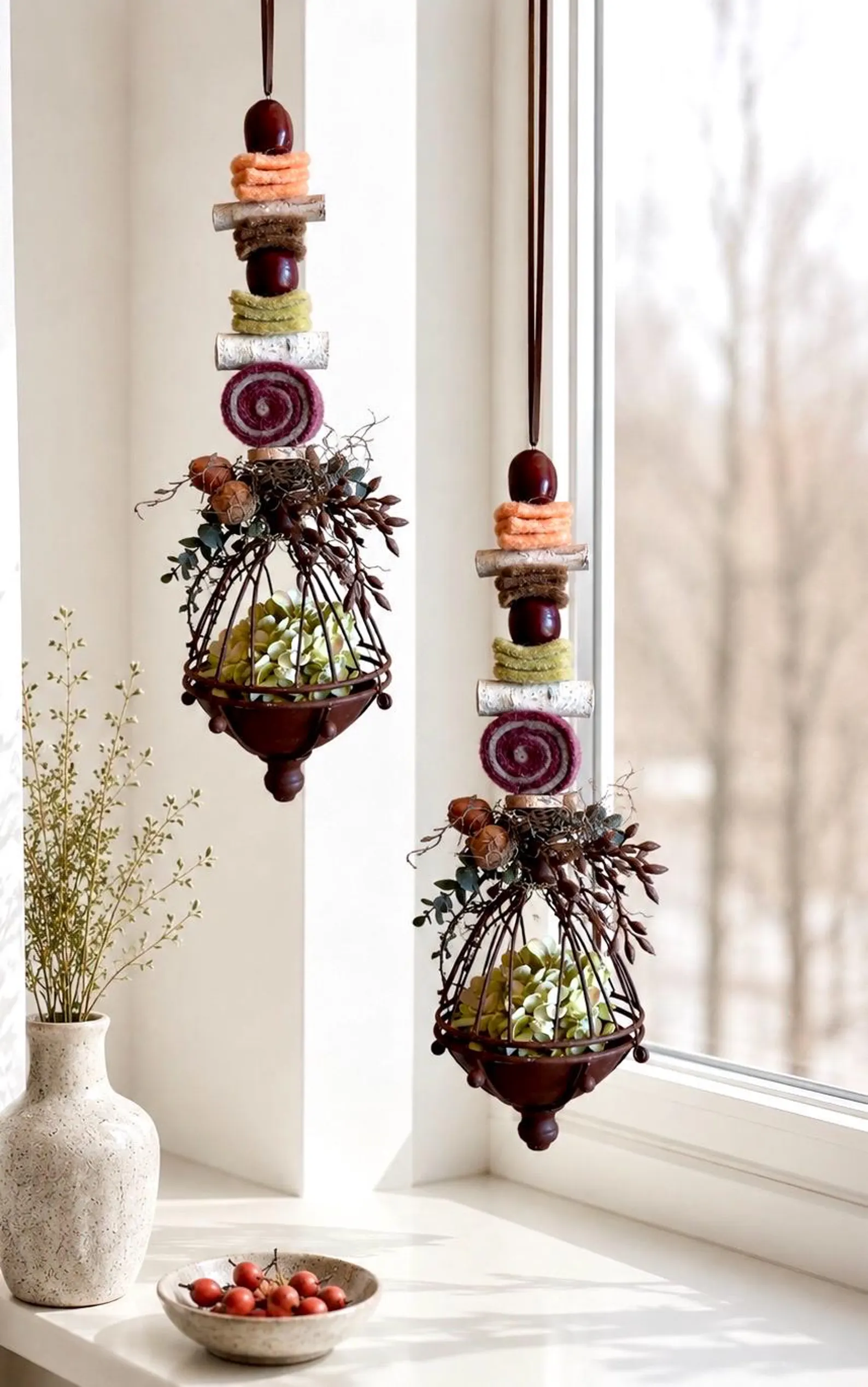Herbst Fensterhänger mit Filz Birkenholz Hortensie und Rostkugel