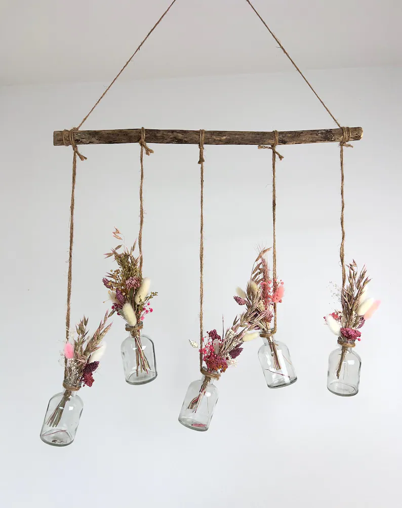 DIY Set Fensterhänger mit Glasvasen und Trockenblumen – natürliche Hängedeko