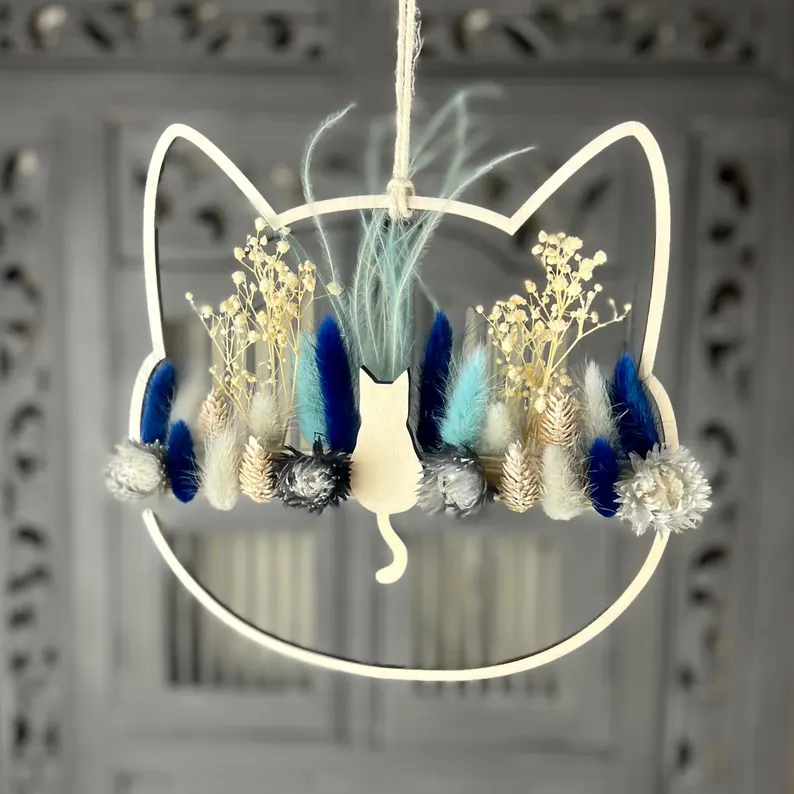Fensterdeko Katze Holz Trockenblumen Blau Natur Boho Winterdeko